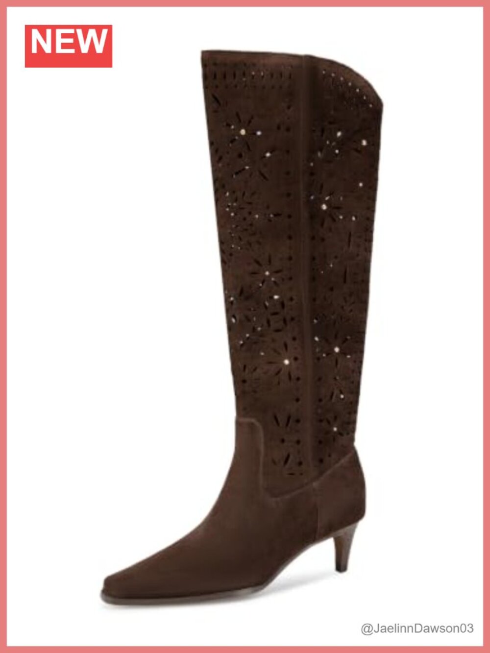Genuine Suede Knee-High Boots Laser-Cut Kitten Heel Pointed Toe